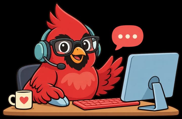Maskot Lingverly, seekor burung kecil berwarna merah, di depan komputer dengan headphone dan mikrofon